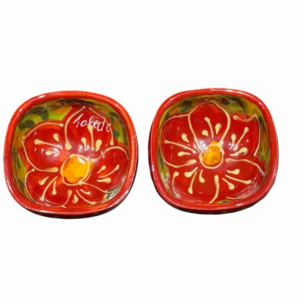 Set of 2 Vtg 2” Ceramic Porcelain Trinket‎ Dish Hand Painted Red Yellow Floral